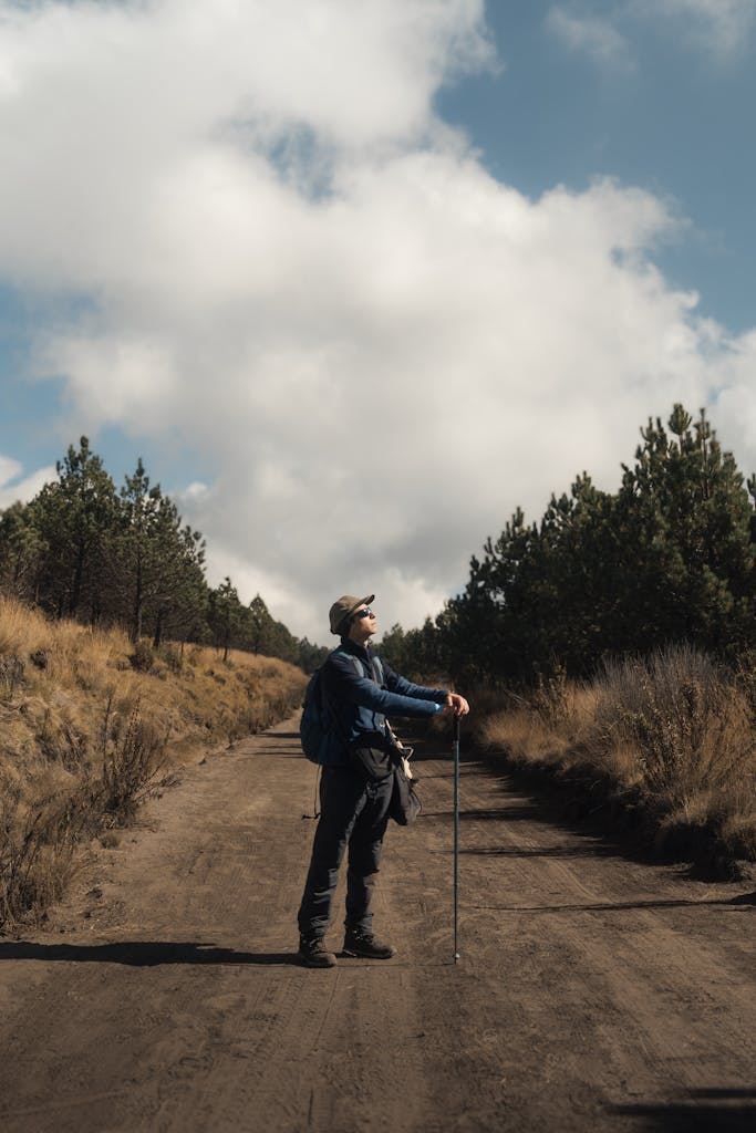 A lone hiker on a dirt path in Pue., Mexico, surrounded by pine trees under a cloudy sky.